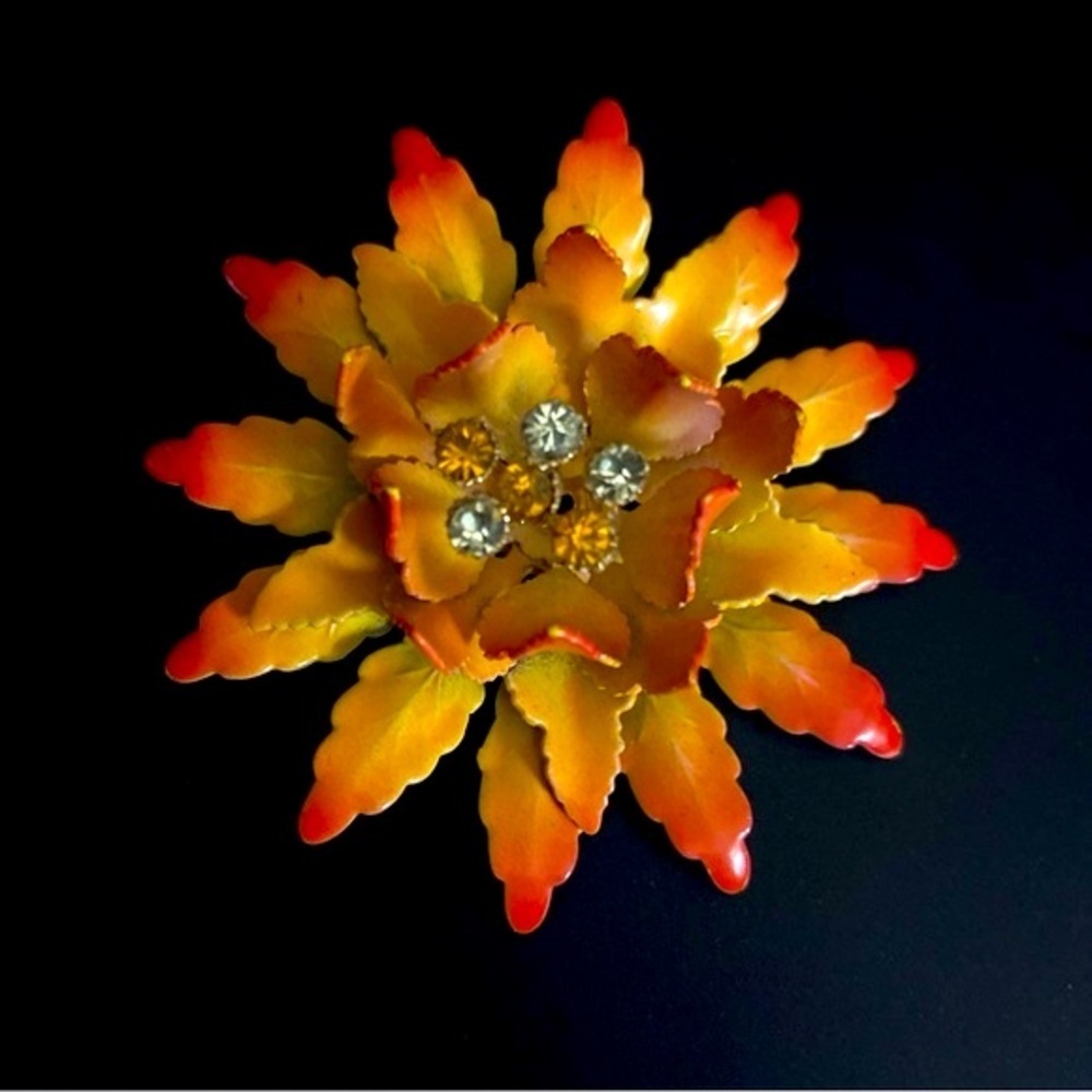 Vintage Coro Flower Brooch Pin Yellow & Orange Enamel Metal & Rhinestones